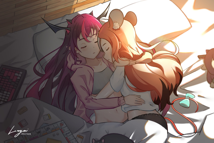 2girls animal_ear_fluff animal_ears bangs black_hair board_game bow card cat cuddling dice hair_down hakos_baelz highres hololive hololive_english hood horns hug irys_(hololive) keyboard_(computer) long_hair midriff monopoly mouse_ears mouse_girl mouse_tail multicolored_hair multiple_girls navel panties pointy_ears redhead shirt sleeping sleeping_on_person sports_bra streaked_hair tail tail_bow tail_ornament underwear unsaynani virtual_youtuber white_hair yuri