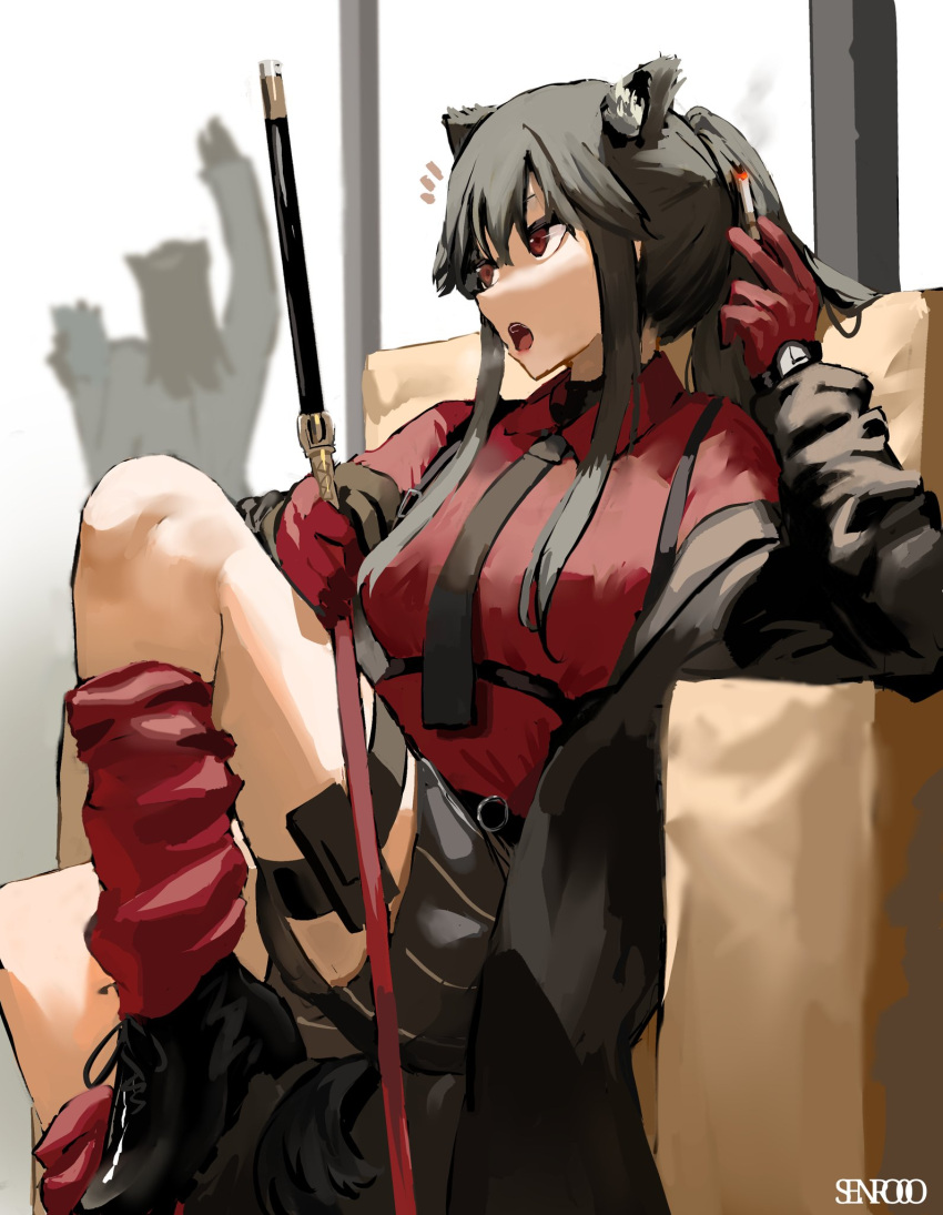 1girl animal_ears arknights artist_logo black_footwear black_hair black_necktie black_shorts cigarette collared_shirt foot_out_of_frame formal gloves hair_between_eyes hand_up highres holding holding_cigarette holding_sword holding_weapon jacket leg_warmers long_sleeves necktie notice_lines off_shoulder official_alternate_costume open_clothes open_jacket open_mouth ponytail red_eyes red_gloves red_legwear red_shirt sen_(senro0o) shirt shoes shorts sidelocks sitting solo_focus sword tail texas_(arknights) texas_(willpower)_(arknights) watch watch weapon white_background wolf_ears wolf_tail