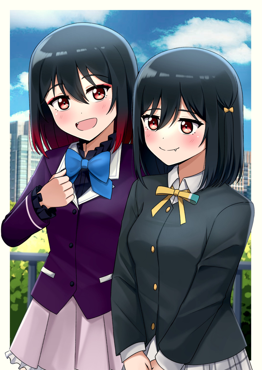 2girls absurdres black_jacket bow breasts brown_eyes clouds eyebrows_visible_through_hair eyeshadow fang fang_out gradient_hair grey_skirt hair_bow highres jacket love_live! love_live!_nijigasaki_high_school_idol_club makeup medium_breasts medium_hair mifune_kaoruko mifune_shioriko multicolored_hair multiple_girls nijigasaki_academy_school_uniform purple_jacket purple_skirt red_eyeshadow redhead school_uniform shirt siblings sisters ska.harumi skirt sky smile time_paradox walking white_shirt yellow_bow