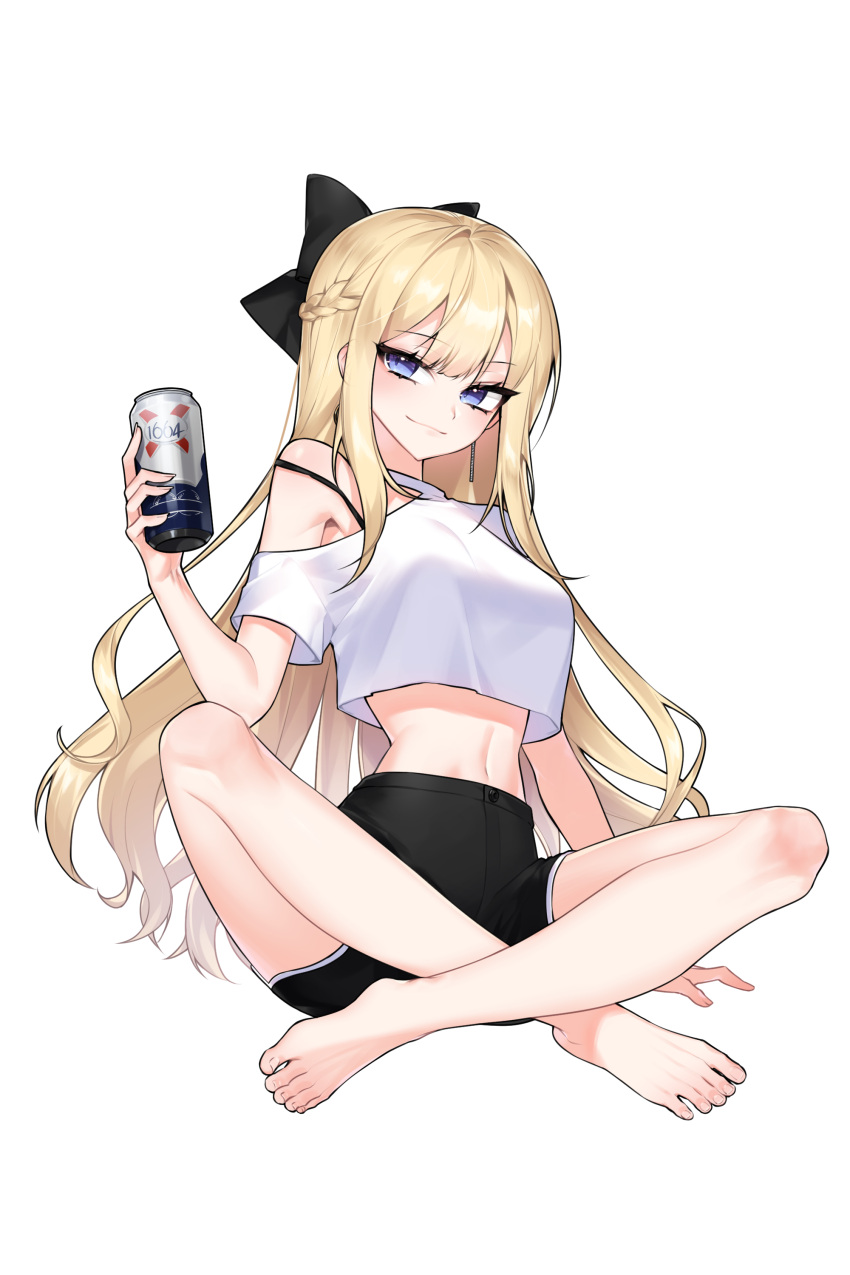 1girl absurdres artist_request bare_shoulders barefoot black_shorts blonde_hair blue_eyes bow bra_strap braid breasts can commission crop_top crop_top_overhang feet hair_bow highres holding indian_style long_hair looking_at_viewer medium_breasts midriff navel off_shoulder original second-party_source shirt short_shorts short_sleeves shorts simple_background sitting smile solo sonya_(schan) stomach thighs toenails toes very_long_hair white_background white_shirt