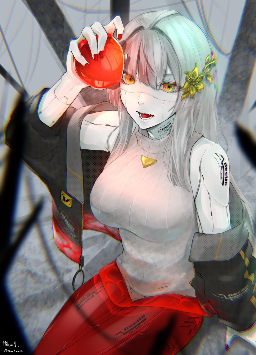 1girl android apple bangs black_jacket breasts eyebrows_behind_hair food fruit hair_intakes highres holding holding_food holding_fruit indie_virtual_youtuber jacket medium_breasts metal_skin misokamen off_shoulder open_mouth ribbed_sweater sleeveless sleeveless_sweater smile solo sweater the_cecile_(vtuber) virtual_youtuber