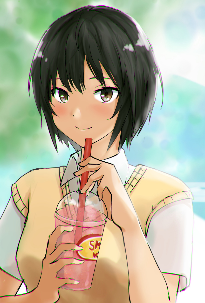 1girl absurdres amagami bangs black_hair blurry blurry_background blush brown_eyes closed_mouth commentary cup disposable_cup dress_shirt drink drinking_straw foliage highres holding holding_cup holding_drink kibito_high_school_uniform looking_at_viewer nanasaki_ai school_uniform shirt short_hair smile smoothie solo sweater_vest upper_body white_shirt yellow_sweater_vest yoo_tenchi