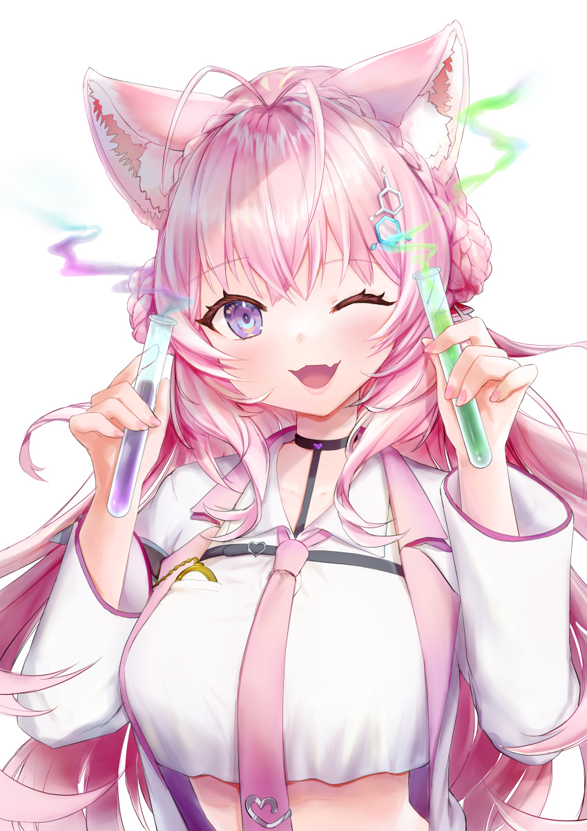 1girl ;d absurdres animal_ear_fluff animal_ears antenna_hair bangs blush braid braided_bun collared_shirt coyote_ears crop_top crown_braid double_bun eyebrows_visible_through_hair hakui_koyori highres holding holding_test_tube hololive jacket long_sleeves looking_at_viewer nail_polish necktie one_eye_closed open_clothes open_jacket pink_nails pink_necktie shirt smile solo sunano_reona test_tube transparent_background violet_eyes virtual_youtuber white_jacket white_shirt
