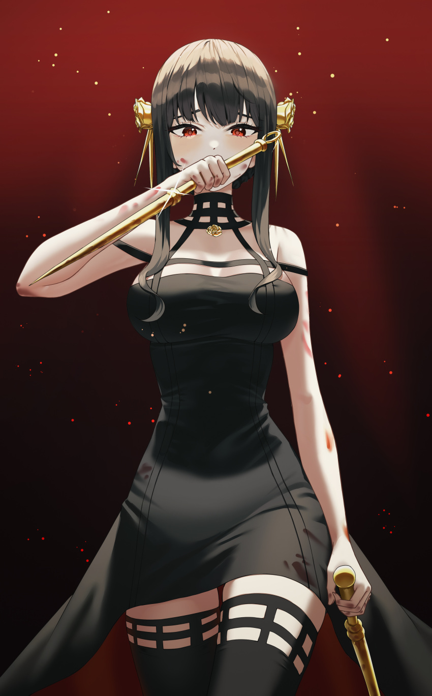 1girl absurdres bangs black_choker black_dress black_hair black_legwear blood blood_on_arm blood_on_clothes blood_on_face breasts choker dot_nose dress dual_wielding flower gradient gradient_background hair_ornament hand_up highres holding jisu_lee large_breasts light_particles looking_at_viewer no_gloves off-shoulder_dress off_shoulder raised_eyebrows red_background red_eyes rose spikes spy_x_family taut_clothes taut_dress thigh-highs two-sided_dress two-sided_fabric yor_briar zettai_ryouiki