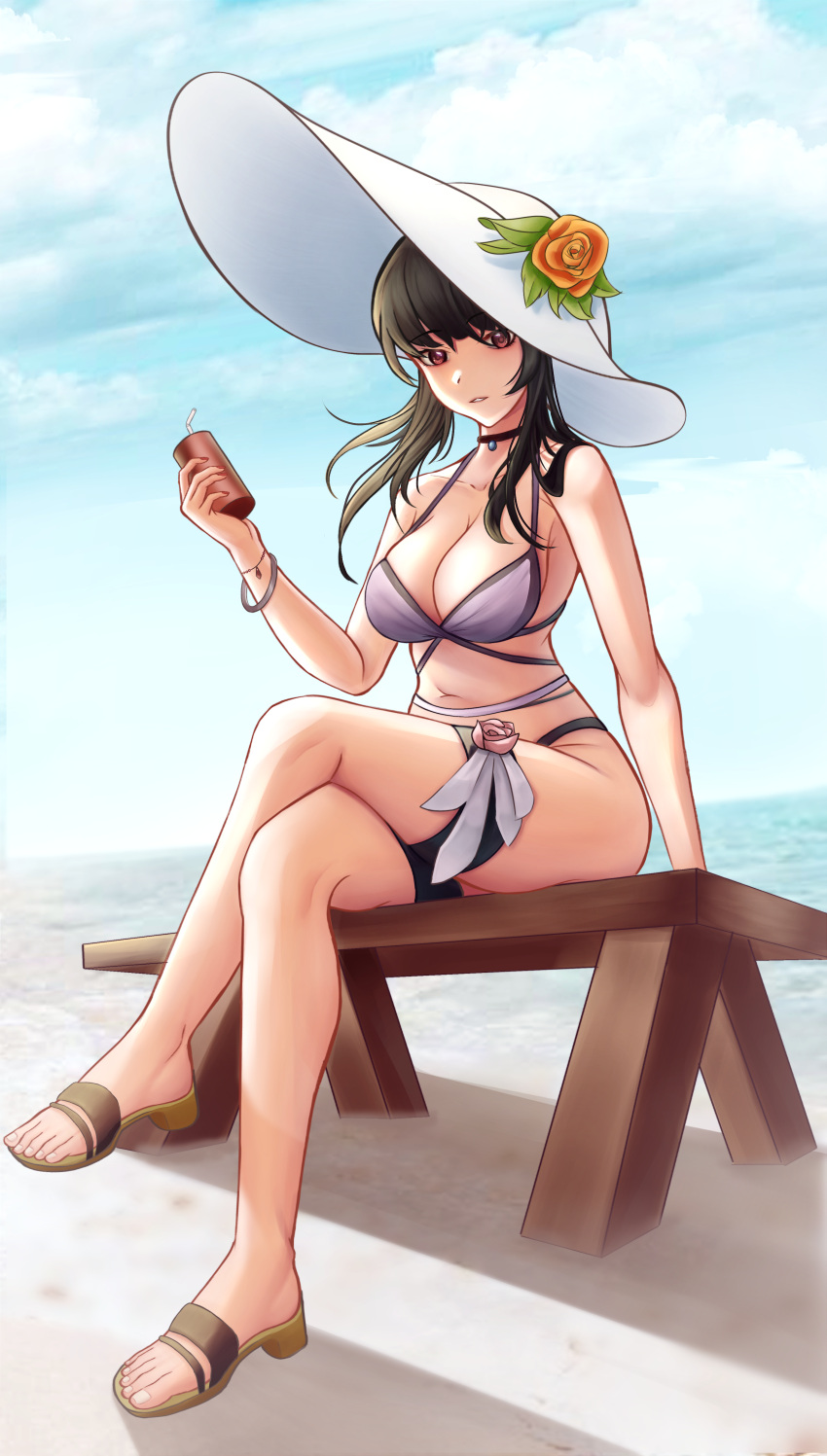 1girl absurdres bangs beach bench bikini black_choker black_hair blue_sky bracelet breasts choker clouds crossed_legs cup day drink drinking_straw flower full_body hand_up hat hat_flower highres holding holding_cup holding_drink jewelry large_breasts legs looking_at_viewer navel on_bench outdoors parted_lips red_eyes red_flower red_rose rose sand sandals sidelocks sitting sky solo spy_x_family stomach sun_hat swimsuit thigh_strap thighs white_headwear yor_briar zulhappy