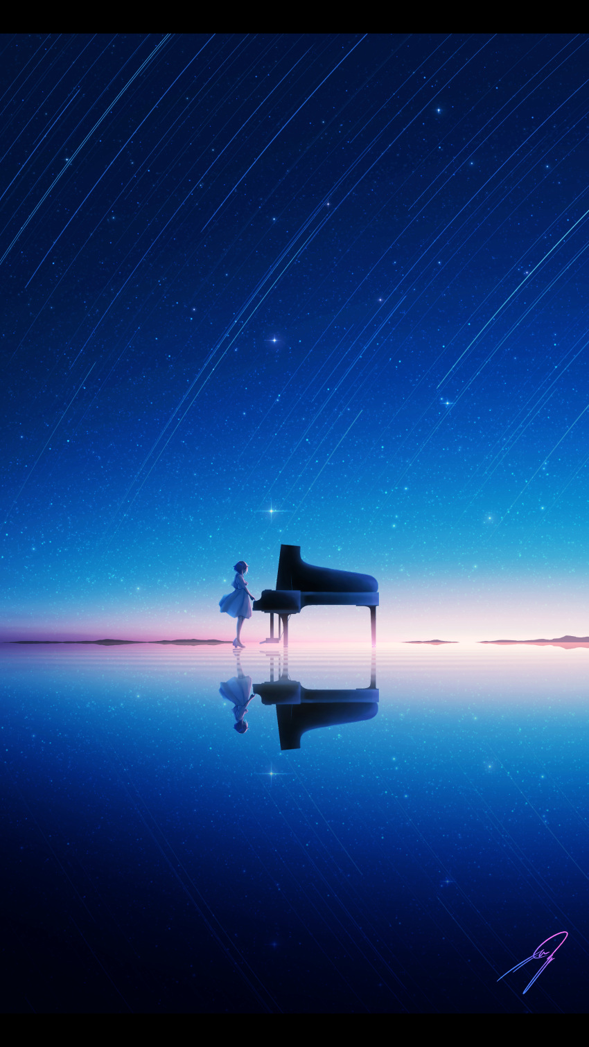 1girl absurdres blue_sky dress fantasy highres instrument mountainous_horizon nengoro original piano scenery shooting_star short_hair sky solo standing star_(sky) starry_sky water white_dress white_footwear