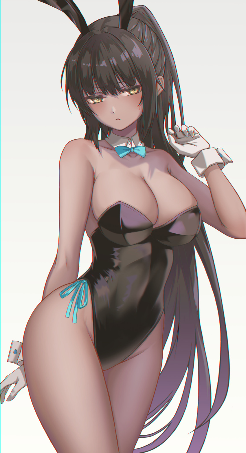 1girl absurdres animal_ears bangs black_hair black_leotard blue_archive blue_bow blue_bowtie bow bowtie breasts commentary_request cowboy_shot dark-skinned_female dark_skin detached_collar gloves hand_up highleg highleg_leotard highres karin_(blue_archive) kushinaka large_breasts leotard long_hair looking_at_viewer parted_lips playboy_bunny ponytail rabbit_ears solo standing very_long_hair white_gloves yellow_eyes