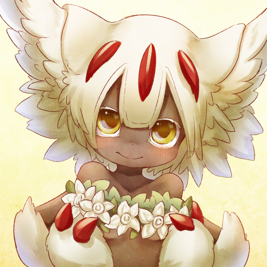 1girl animal_ear_fluff animal_ears animal_hands blush breasts claws closed_mouth commentary convenient_censoring dark-skinned_female dark_skin extra_arms faputa fewer_digits flower_wreath highres holding holding_wreath looking_at_viewer made_in_abyss medium_hair monster_girl nina_(maurururoa) nude small_breasts smile solo symbol-only_commentary upper_body white_fur white_hair yellow_background yellow_eyes