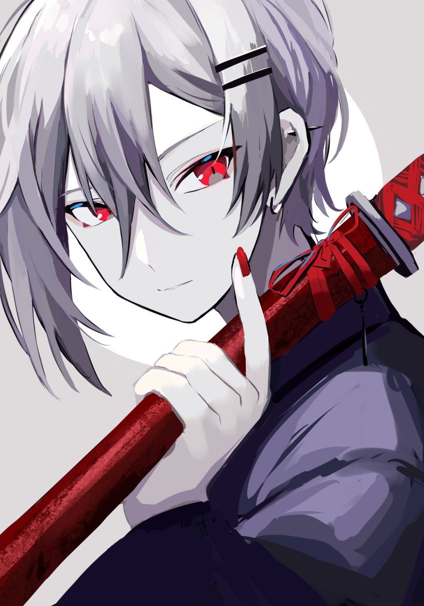 1boy ahute asymmetrical_bangs bangs ear_piercing earrings grey_hair hair_ornament hairclip highres holding holding_sword holding_weapon japanese_clothes jewelry katana long_sleeves looking_to_the_side male_focus multiple_earrings nail_polish original piercing red_eyes sheath sheathed short_hair solo sword weapon