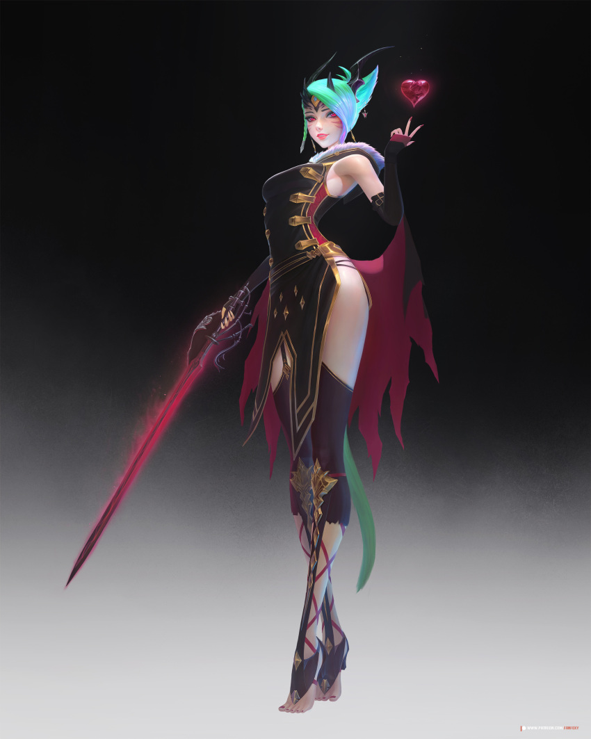 1girl absurdres black_legwear breasts elbow_gloves fanfoxy final_fantasy final_fantasy_xiv garter_straps gloves green_hair highres holding holding_sword holding_weapon long_hair looking_at_viewer medium_breasts red_eyes red_lips simple_background solo solo_focus sword thigh-highs weapon