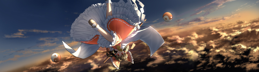 1girl absurdres ascot black_footwear bow brown_hair closed_mouth clouds commentary detached_sleeves dusk eyebrows_behind_hair flying foot_out_of_frame frilled_bow frilled_hair_tubes frilled_skirt frills frown gohei hair_bow hair_tubes hakurei_reimu highres holding_gohei long_sleeves looking_at_viewer mary_janes medium_hair orb red_bow red_eyes red_skirt red_vest ribbon-trimmed_skirt ribbon_trim shoes skirt skirt_set sky socks solo suna_(s73d) sunset touhou upside-down vest white_legwear white_sleeves wide_sleeves yellow_ascot yin_yang yin_yang_orb