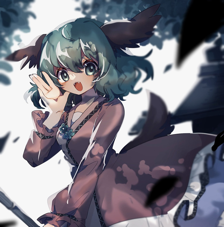 1girl animal_ears ayahi_4 bangs blurry brown_dress commentary curly_hair depth_of_field dress fangs flower_ornament frilled_dress frilled_sleeves frills green_eyes green_hair highres holding kasodani_kyouko long_sleeves looking_at_viewer open_mouth short_hair solo tail teeth touhou upper_body upper_teeth