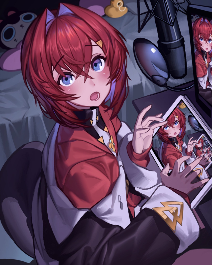 1girl :o ange_katrina bad_id bad_twitter_id black_jacket blush colored_inner_hair eyebrows_visible_through_hair hair_intakes highres jacket looking_up microphone monitor multicolored_hair nijisanji off_shoulder pop_filter purple_hair red_sweater redhead rubber_duck sebastian_piyodore short_hair solo stuffed_animal stuffed_dog stuffed_toy surprised sweater tablet_pc theamazingspino triangle_hair_ornament virtual_youtuber