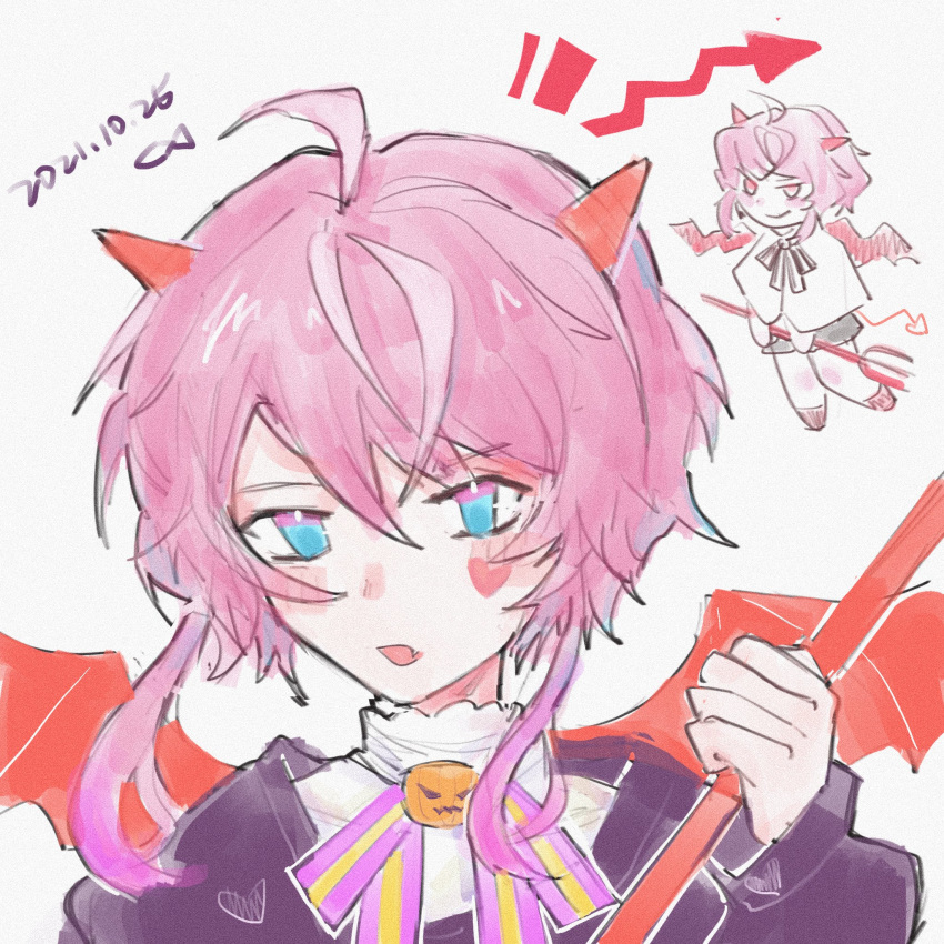 0214_sakana 1boy amemura_ramuda bangs blue_eyes dated demon_boy demon_horns demon_wings halloween heart_on_cheek highres horns hypnosis_mic jack-o'-lantern open_mouth pink_hair portrait shirt short_hair sidelocks white_background white_shirt wings