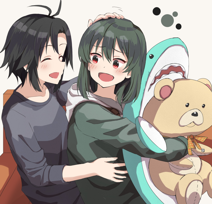 2girls :d absurdres antenna_hair black_hair bob_cut closed_eyes green_hair haruki_(haruki678) highres hug idolmaster idolmaster_million_live! kikuchi_makoto multiple_girls nagayoshi_subaru petting red_eyes short_hair smile stuffed_animal stuffed_shark stuffed_toy teddy_bear