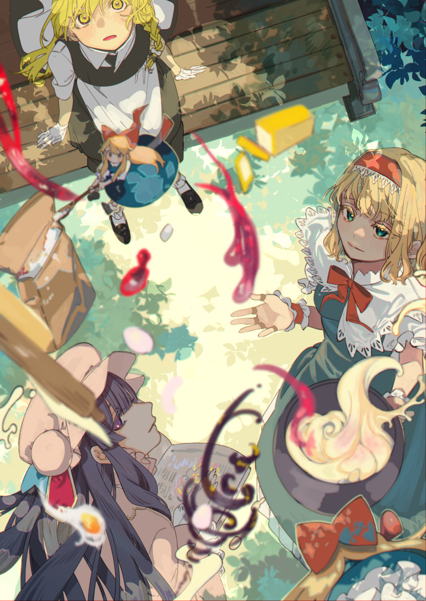 3girls absurdres alice_margatroid apron black_headwear black_vest blonde_hair blue_dress blue_eyes blue_ribbon blush book bow bowtie braid break capelet closed_mouth collared_shirt commentary commission cream dress from_above gloves grass hairband hat hat_ribbon highres holding holding_book jam kirisame_marisa long_hair looking_up mob_cap multiple_girls on_bench open_book outdoors patchouli_knowledge pink_dress pink_headwear pot purple_hair red_bow red_bowtie red_hairband red_ribbon ribbon shanghai_doll shi_chimi shirt short_hair sideways_glance single_braid sitting skeb_commission skirt skirt_set touhou very_long_hair vest violet_eyes waist_apron white_apron white_capelet white_gloves white_shirt witch_hat wrist_cuffs yellow_eyes