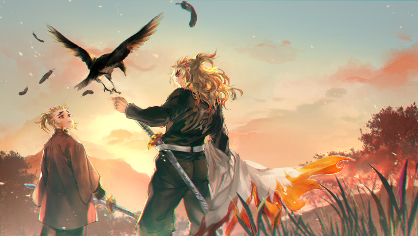 2boys belt bird black_kimono blonde_hair brothers cape cape_removed child clothes_writing clouds colored_tips crow demon_slayer_uniform feathers feet_out_of_frame forked_eyebrows grass half_updo haori holding holding_cape holding_clothes holding_sword holding_weapon japanese_clothes katana kimetsu_no_yaiba kimono landing light_particles long_hair long_sleeves looking_at_animal looking_away looking_to_the_side looking_up mak_(kainemaru) male_focus mountainous_horizon multicolored_hair multiple_boys outdoors outstretched_arm ponytail profile redhead rengoku_kyoujurou rengoku_senjurou see-through_silhouette sheath sheathed siblings sidelocks sky smile standing streaked_hair sword thigh-highs tree twilight weapon white_cape