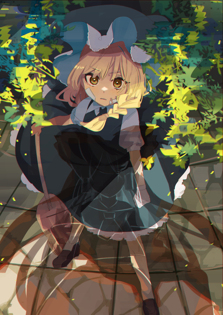 1girl absurdres bandaid bandaid_on_face black_dress black_headwear blonde_hair blush braid broom brown_footwear closed_mouth collared_shirt commentary dress frilled_dress frills from_above frown full_body gloves hakurei_reimu hat highres holding holding_broom kirisame_marisa loafers long_hair looking_at_viewer looking_up plant puffy_short_sleeves puffy_sleeves shadow shi_chimi shirt shoes short_sleeves single_braid single_glove socks solo standing touhou v-shaped_eyebrows white_gloves white_legwear white_shirt witch_hat yellow_eyes