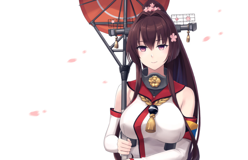 1girl blush breasts brown_eyes brown_hair closed_mouth flower hair_between_eyes hair_flower hair_ornament highres holding holding_umbrella kantai_collection large_breasts long_hair odachu oil-paper_umbrella pink_flower ponytail red_umbrella simple_background smile solo umbrella upper_body very_long_hair white_background yamato_(kancolle)