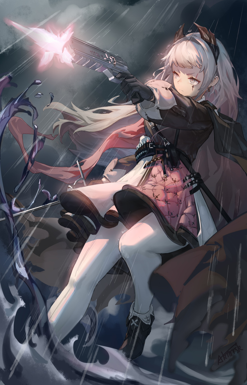 1girl absurdres akimurasaki arknights black_cape black_footwear black_jacket cape closed_mouth clouds cloudy_sky commentary_request day firing grey_eyes grey_hair gun highres holding holding_gun holding_weapon irene_(arknights) jacket long_hair long_sleeves outdoors pantyhose pleated_skirt puffy_long_sleeves puffy_sleeves rain shoes skirt sky solo standing standing_on_one_leg thick_eyebrows v-shaped_eyebrows very_long_hair water weapon white_legwear white_skirt