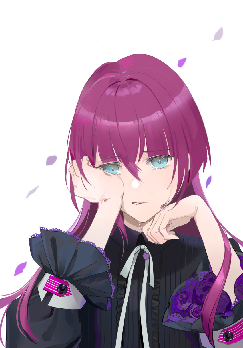 1girl absurdres aqua_eyes bangs black_dress breasts carcano_m91/38_(girls'_frontline) chilli_646 closed_mouth dress eyebrows_visible_through_hair girls_frontline hand_on_own_chin hand_on_own_face highres long_hair looking_at_viewer petals purple_hair scar small_breasts solo tears upper_body white_background