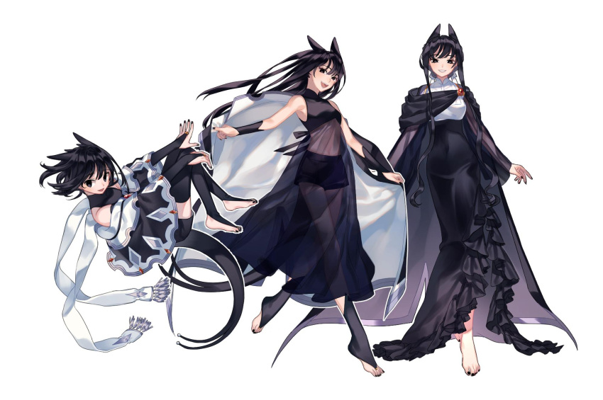 1girl :d age_progression animal_ears arms_at_sides bare_shoulders barefoot binggu black_cape black_dress black_eyes black_hair black_legwear black_nails black_shorts bridal_gauntlets bridal_legwear cape collared_shirt covered_navel dress floating floating_hair forked_tail frilled_dress frills full_body hair_ribbon halterneck highres holding holding_clothes korean_commentary layered_clothing layered_dress long_dress long_hair long_sleeves looking_at_viewer multiple_views nail_polish navel no_shoes off_shoulder original outline outstretched_arms poncho ribbon scarf see-through shirt short_hair shorts side_slit sidelocks sideways_glance simple_background sleeveless sleeveless_dress smile standing straight_hair tail toenail_polish toenails updo walking white_background white_outline white_scarf white_shirt wrist_cuffs