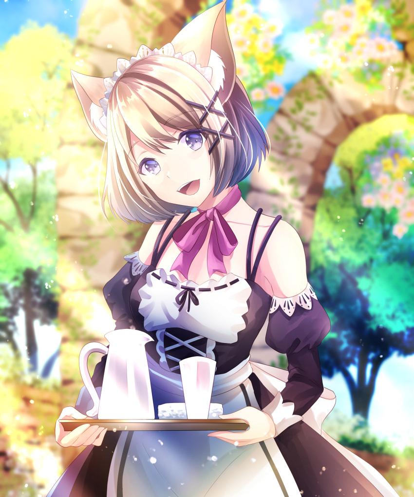 1girl :d absurdres animal_ear_fluff animal_ears bangs black_dress blonde_hair blurry blurry_background bow bowtie character_request cowboy_shot dress eyebrows_visible_through_hair hair_between_eyes hair_ornament highres holding holding_tray looking_at_viewer maid maid_headdress off_shoulder pink_bow pink_bowtie shiny shiny_hair short_hair smile solo standing teeth tray upper_teeth violet_eyes virtual_youtuber white_dress x_hair_ornament yuugi_roki