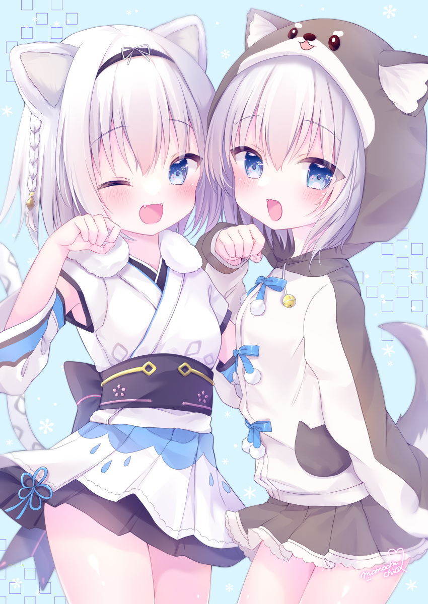 2girls :d absurdres animal_ears animal_hood bell black_hairband blue_bow blue_eyes blush bow braid brown_hoodie character_request cowboy_shot detached_sleeves eyebrows_visible_through_hair fake_animal_ears fangs fur_collar hairband highres hood hood_up hoodie japanese_clothes long_sleeves looking_at_viewer miniskirt momochi_chia multiple_girls one_eye_closed pleated_skirt signature skirt smile tail tail_raised thighs virtual_youtuber white_hair younger