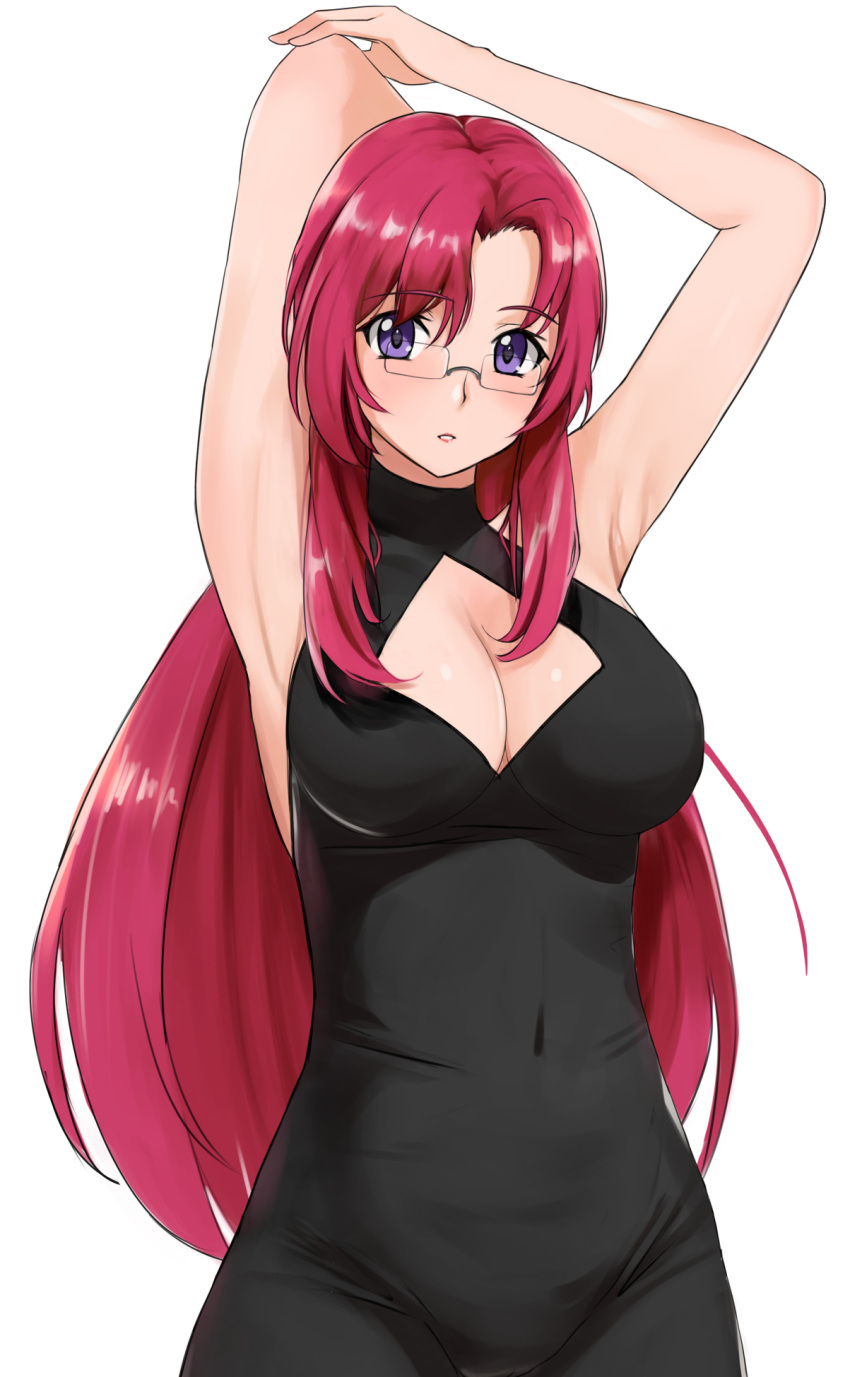 1girl armpits breasts commentary_request covered_navel glasses highres kazami_mizuho large_breasts long_hair looking_at_viewer onegai_teacher parted_lips pink_hair presenting_armpit redhead sleeveless sleeveless_turtleneck solo teacher turtleneck violet_eyes yoo_tenchi