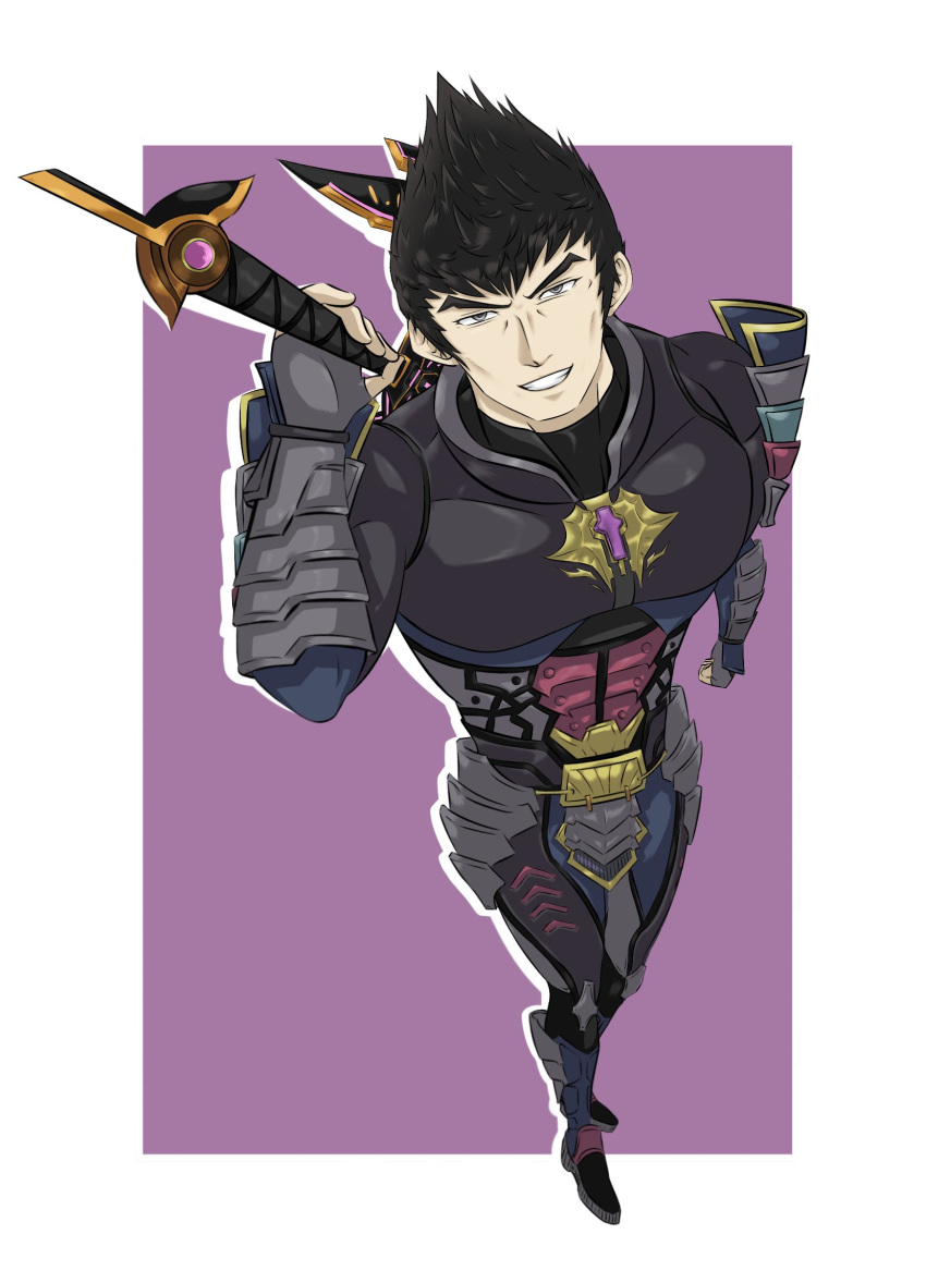 armor black_armor black_hair black_legwear black_undershirt crotch_plate ememtrp gauntlets gem gold_trim grey_eyes highres malos_(xenoblade) muscular muscular_male self_upload simple_background smile spiky_hair sword weapon xenoblade_chronicles_(series) xenoblade_chronicles_2