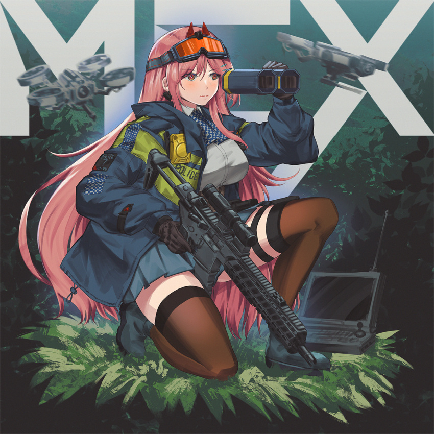 1girl assault_rifle binoculars black_legwear blue_jacket breasts commission drone eyewear_on_head girls_frontline gun highres holding holding_binoculars holding_gun holding_weapon jacket kneeling large_breasts long_hair long_sleeves magazine_(weapon) mole mole_under_eye open_clothes open_jacket orange_goggles persocon93 pink_hair red_eyes rifle safety_glasses scope sig_mcx_(girls'_frontline) sig_sauer sig_sauer_mcx solo thigh-highs thigh_strap weapon