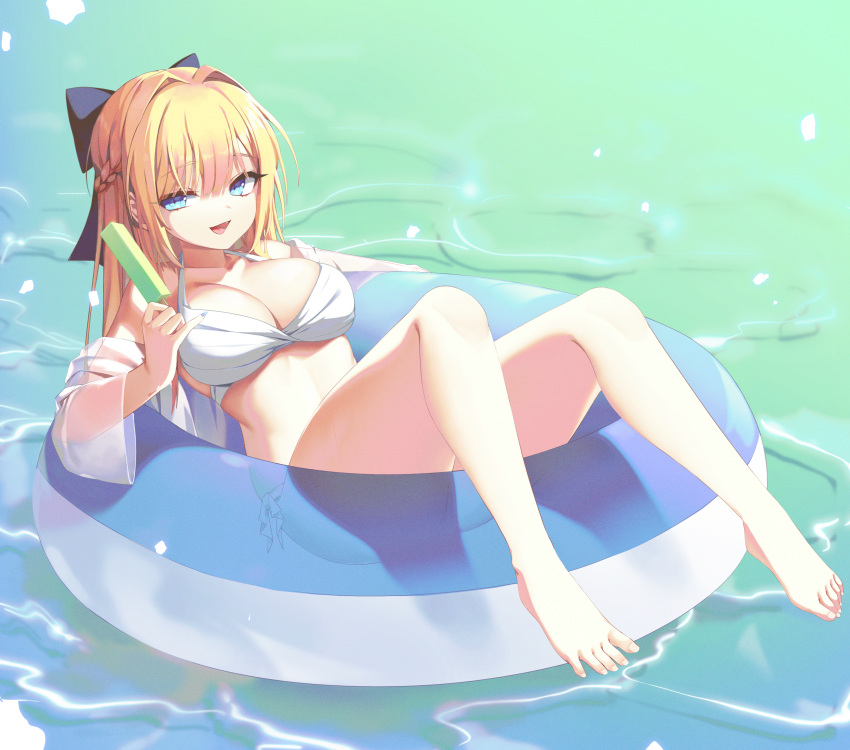 1girl absurdres bare_shoulders barefoot bikini blonde_hair blue_eyes bow braid breasts commission feet food hair_bow halterneck highres holding innertube large_breasts long_hair looking_at_viewer off_shoulder open_mouth original pink_flower_(user_fpxz2278) popsicle see-through see-through_sleeves side-tie_bikini smile solo sonya_(schan) string_bikini swimsuit thighs transparent water white_bikini