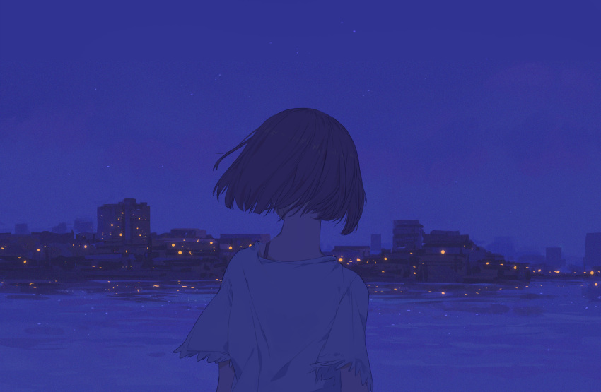 1girl back city_lights cityscape commentary_request highres light_reflection_(water) night night_sky original reflection reflective_water scenery shirt short_hair sky solo star_(sky) upper_body water white_shirt yean