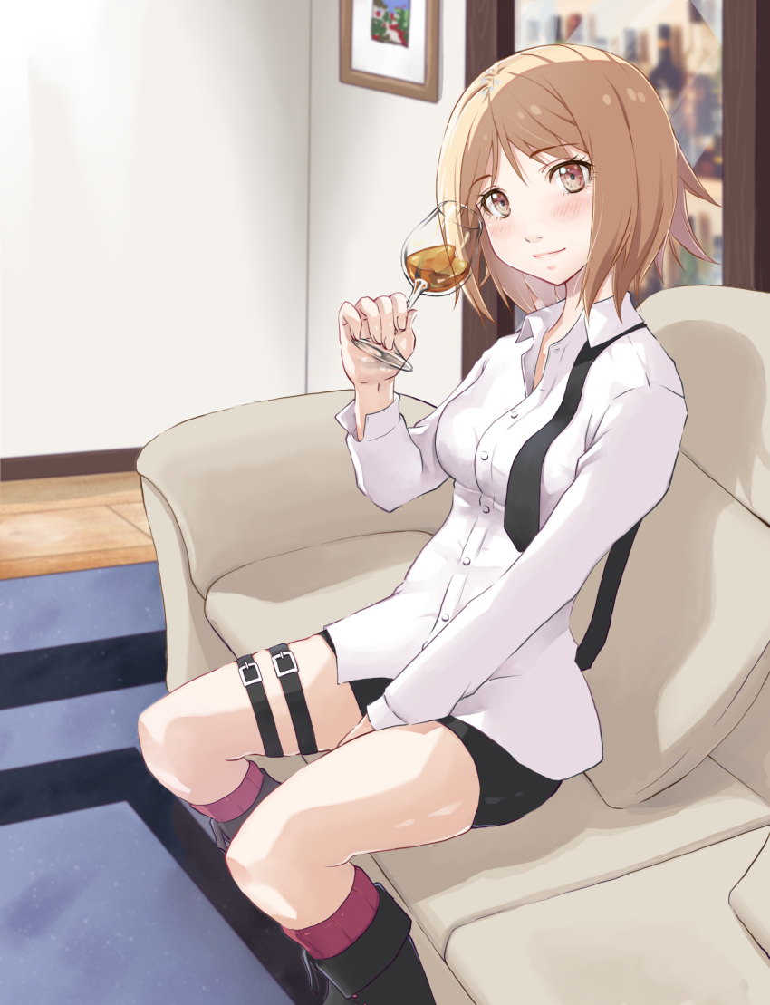 1girl akira_(gjvx3472) alcohol black_footwear black_shorts blonde_hair blush brown_hair commission couch cup drinking_glass eyebrows_visible_through_hair girls_frontline highres long_hair long_sleeves looking_at_viewer mp40_(girls'_frontline) necktie non-web_source red_legwear shirt short_hair shorts smile undone_necktie whiskey white_shirt wine_glass yellow_eyes