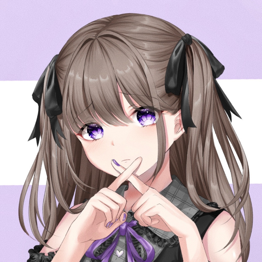 1girl bangs bare_shoulders brown_hair crossed_fingers eyebrows_visible_through_hair frown hair_ribbon highres looking_at_viewer nail_polish nimeter original ribbon simple_background solo two_side_up violet_eyes