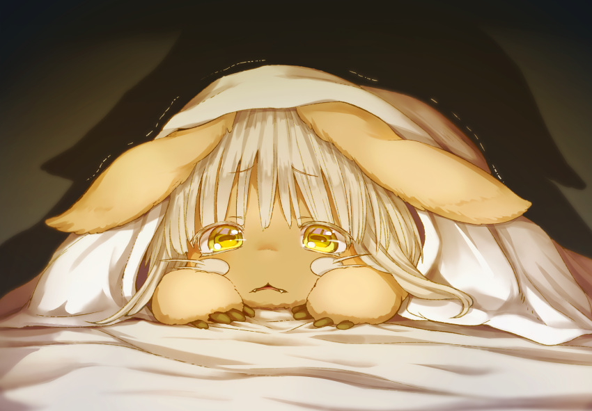 1other bed_sheet blanket bob_cut brown_fur commentary_request eyebrows_visible_through_hair eyes_visible_through_hair fangs floppy_ears furry grey_hair highres horizontal_pupils inverted_bob looking_at_viewer lying made_in_abyss medium_hair multiple_sources nanachi_(made_in_abyss) nina_(maurururoa) on_back other_focus parted_lips scared shadow solo trembling under_covers whiskers yellow_eyes