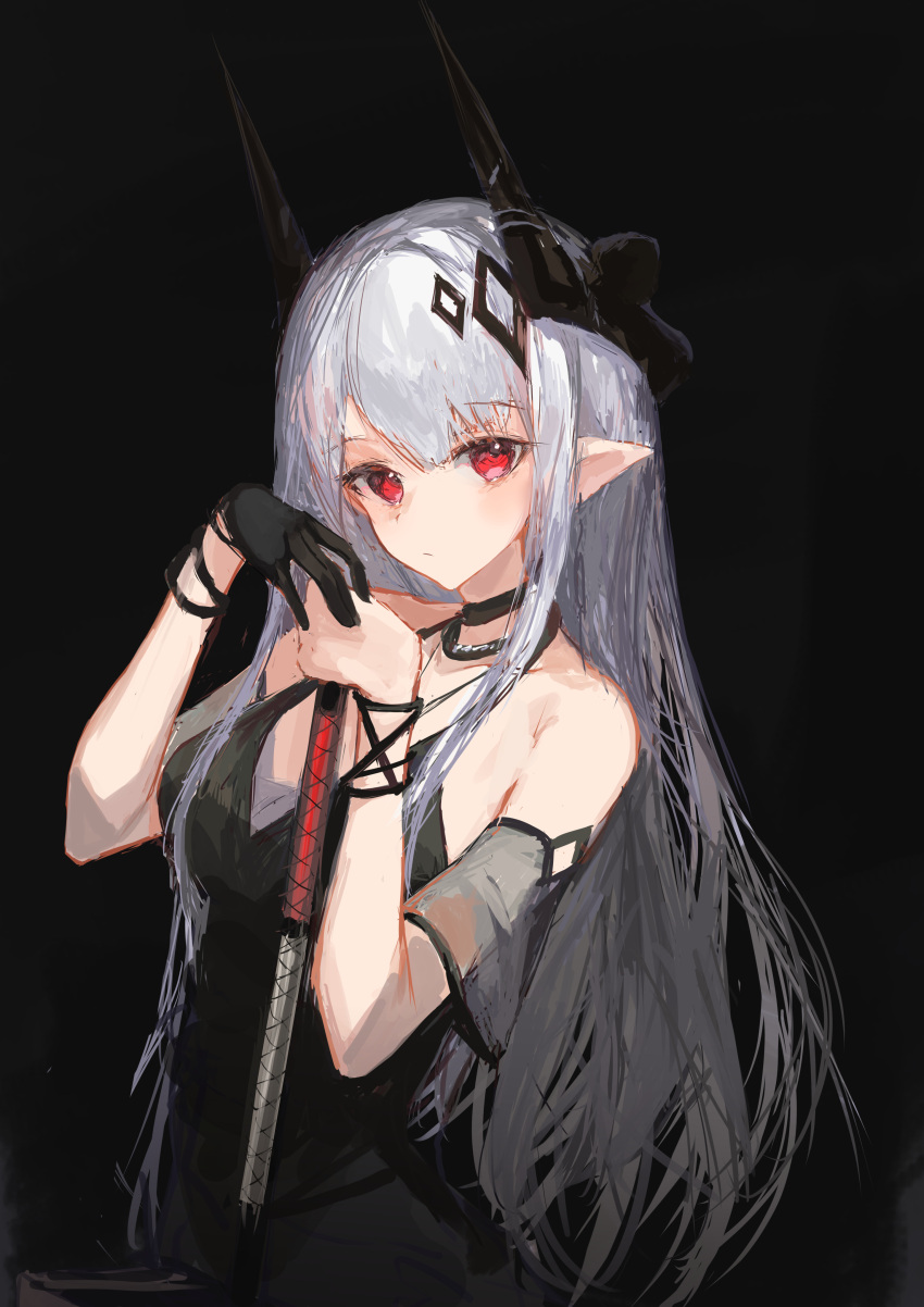 1girl absurdres arknights bangs bare_shoulders black_background black_dress black_gloves breasts dress eyebrows_visible_through_hair gloves hands_up highres horns ichika_(ichika87) long_hair looking_at_viewer medium_breasts mudrock_(arknights) mudrock_(obsidian)_(arknights) pointy_ears red_eyes simple_background single_glove solo upper_body very_long_hair white_hair