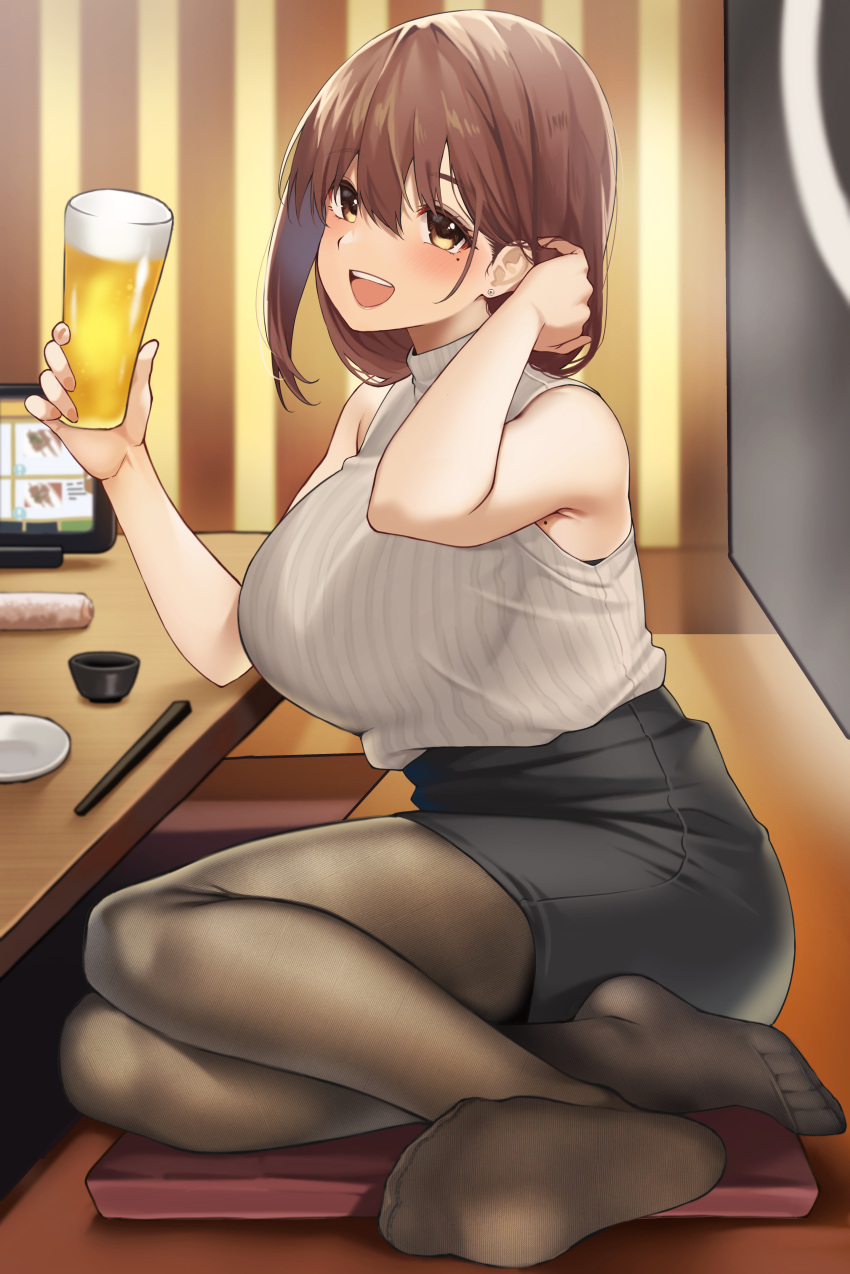 1girl absurdres adjusting_hair alcohol beer black_legwear black_skirt blush breasts brown_hair clothes_tug commentary_request cup cushion earrings from_side full_body hands_up highres holding holding_cup indoors jewelry large_breasts looking_at_viewer medium_breasts mole mole_under_eye no_shoes office_lady on_floor open_mouth original pantyhose pencil_skirt sitting skirt sleeveless sleeveless_sweater soles solo sweater sweater_tug t_bone_(06tbone) table teeth turtleneck turtleneck_sweater upper_teeth white_sweater yellow_eyes yokozuwari