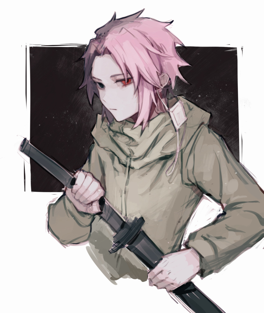 1boy black_eyes black_hair chinese_commentary closed_mouth eyepatch eyepatch_removed green_jacket heterochromia highres holding holding_sword holding_weapon hood hood_down hooded_jacket jacket long_sleeves multicolored_hair mutsushika_misumi pink_hair red_eyes saibou_shinkyoku short_hair sketch solo sword two-tone_hair weapon yikousuuu
