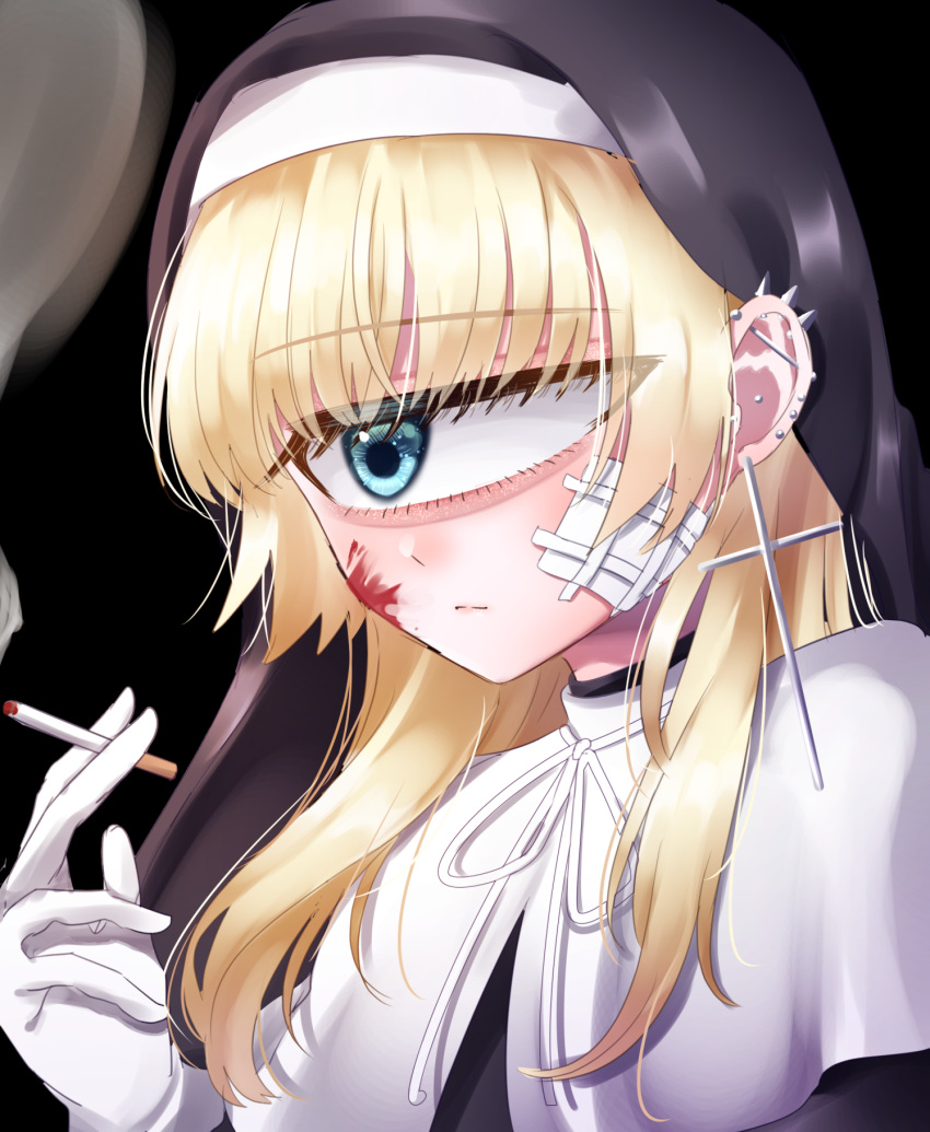 1girl azen_(mntimcczgrtn) bandaid bandaid_on_cheek bandaid_on_face bangs blonde_hair blood blood_on_face blue_eyes blush cigarette constricted_pupils cross cyclops ear_piercing earrings eyebrows_visible_through_hair eyeshadow gloves habit hair_over_shoulder highres holding holding_cigarette jewelry jitome long_hair looking_to_the_side makeup monster_girl multiple_earrings nun one-eyed original piercing smoke smoking solo