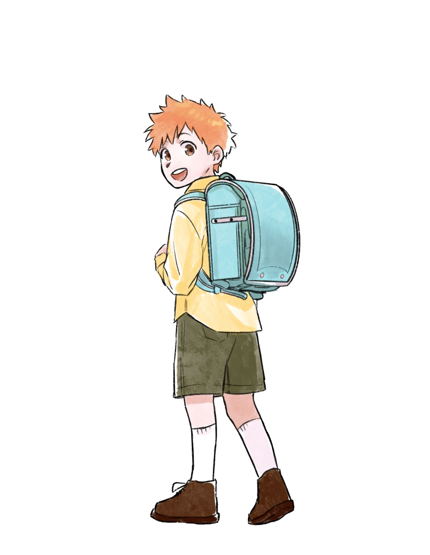 1boy absurdres backpack bag bleach blue_bag brown_eyes brown_footwear choko_egg full_body green_shorts highres kneehighs kurosaki_kazui long_sleeves looking_at_viewer male_focus open_mouth orange_hair shirt short_hair shorts socks solo teeth upper_teeth white_background white_legwear yellow_shirt