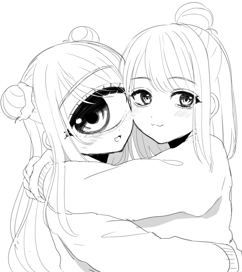 2girls :3 :d arms_around_neck azen_(mntimcczgrtn) bangs blush cheek-to-cheek cyclops double_bun eyebrows_visible_through_hair greyscale hair_bun heads_together highres hug long_hair long_sleeves looking_at_viewer medium_hair monochrome monster_girl multiple_girls one-eyed original scrunchie sketch smile swept_bangs