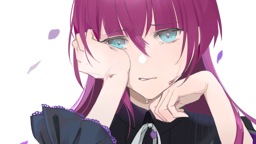 1girl aqua_eyes bangs black_dress breasts carcano_m91/38_(girls'_frontline) chilli_646 closed_mouth dress eyebrows_visible_through_hair girls_frontline hand_on_own_chin hand_on_own_face highres long_hair looking_at_viewer petals purple_hair scar small_breasts solo tears upper_body white_background