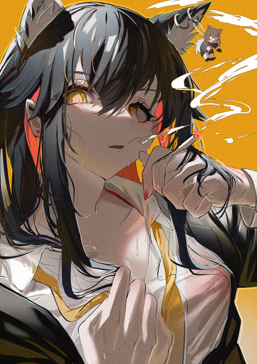 1girl animal_ear_fluff animal_ears arknights bangs between_fingers black_hair black_jacket breasts check_commentary cigarette collarbone collared_shirt colored_inner_hair commentary_request earrings hair_between_eyes hair_over_shoulder hand_up highres holding holding_cigarette hot jacket jewelry keychain long_hair looking_at_viewer medium_breasts multicolored_hair necktie orange_background parted_lips partial_commentary polka_dot red_nails redhead shirt simple_background smoke smoking solo straight_hair sweat texas_(arknights) upper_body white_shirt yellow_eyes yellow_necktie youyouyou_1211