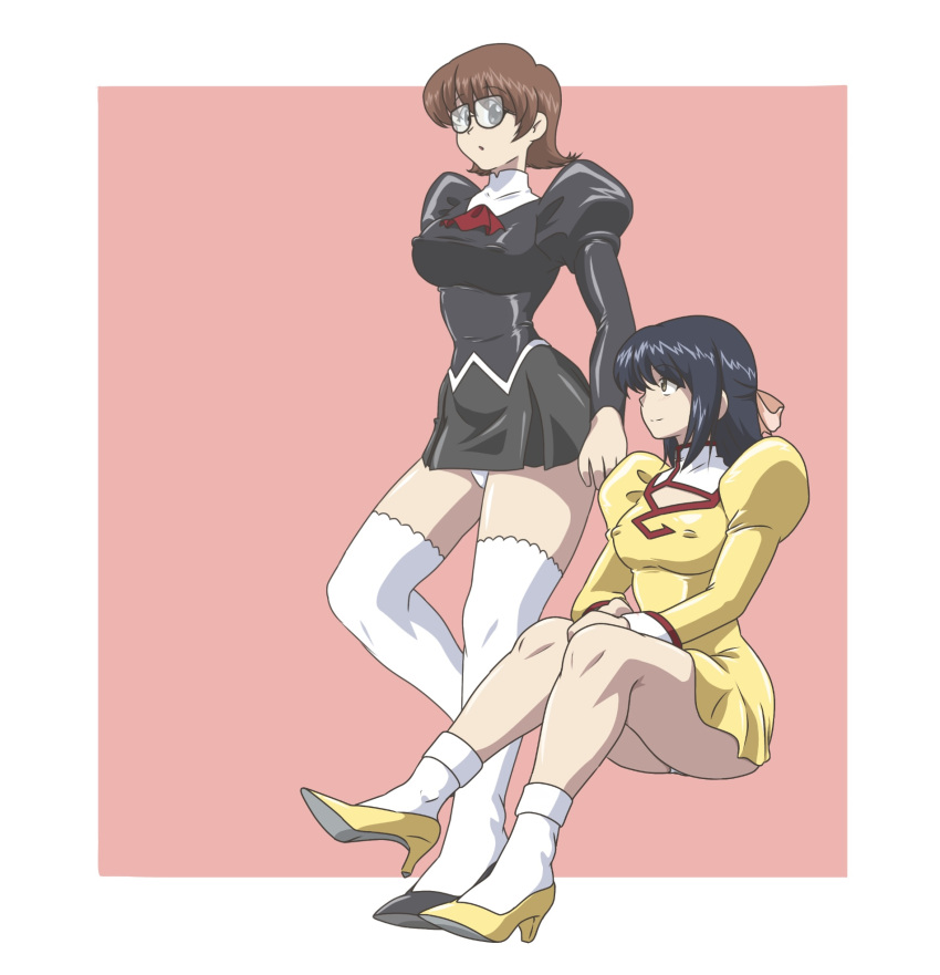 2girls agent_aika aika_(series) bangs black_delmo black_footwear black_jacket black_skirt blue_hair bow breasts brown_eyes brown_hair cleavage_cutout closed_mouth clothing_cutout commentary_request covered_nipples delmogeny_uniform dress glasses glasses_delmo golden_delmo groin hair_bow high_heels highres indoors invisible_chair jacket juliet_sleeves kuroyoshi long_sleeves looking_at_viewer medium_breasts multiple_girls panties pantyshot parted_lips petoriyacowa_rie pink_bow pleated_skirt puffy_sleeves shoes short_hair simple_background sitting skirt smile solo standing thigh-highs thighs underwear uniform white_legwear white_panties yellow_dress yellow_footwear