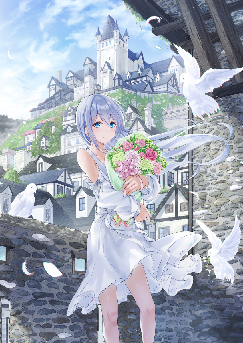 1girl bangs blue_hair blue_sky blush bouquet building clouds collarbone dress flower highres light_blue_hair long_hair looking_at_viewer meen_(ouaughikepdvrsf) original sky smile solo standing wall white_bird white_dress