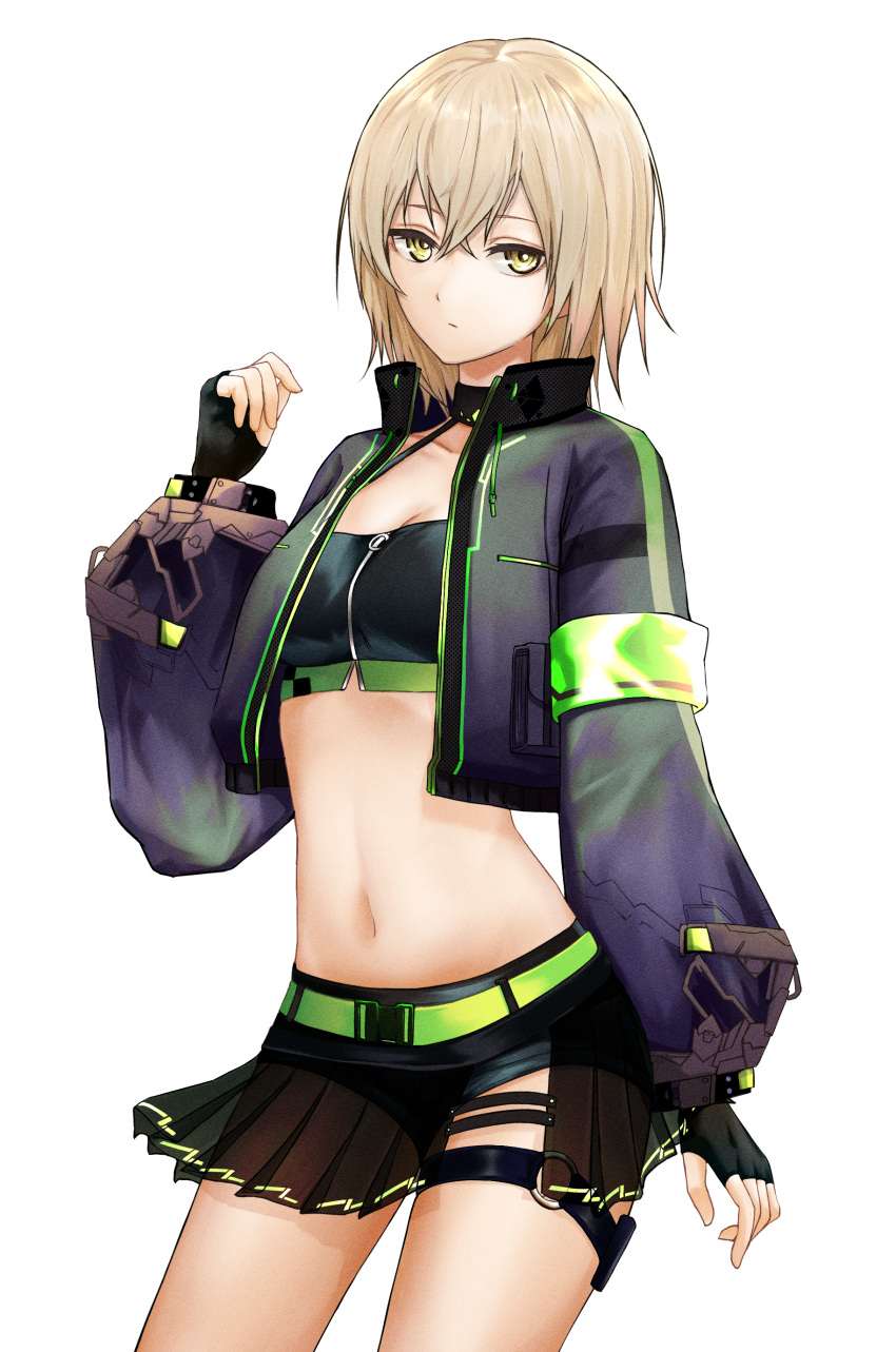 1girl absurdres arm_at_side black_gloves black_shorts blonde_hair breasts closed_mouth cowboy_shot crop_top cropped_jacket fingerless_gloves gloves hand_up highres indie_virtual_youtuber jacket kushinaka long_sleeves looking_at_viewer maomi_yuka navel o-ring open_clothes open_jacket short_hair short_shorts shorts simple_background small_breasts solo thigh_strap white_background yellow_eyes