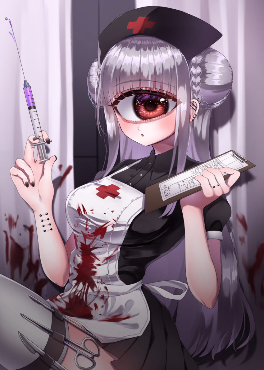 1girl apron arm_piercing bangs blood blood_on_clothes blunt_bangs blush braid braided_bun clipboard collared_shirt cyclops double_bun dress ear_piercing earrings eyebrows_visible_through_hair finger_piercing grey_hair hat highres holding holding_clipboard holding_syringe holster jewelry knee_up long_hair looking_to_the_side mntimccz monster_girl multiple_earrings nurse nurse_cap one-eyed original parted_lips piercing pleated_dress red_eyes scalpel scissors shirt short_dress short_sleeves skindentation solo syringe thigh-highs thigh_holster very_long_hair