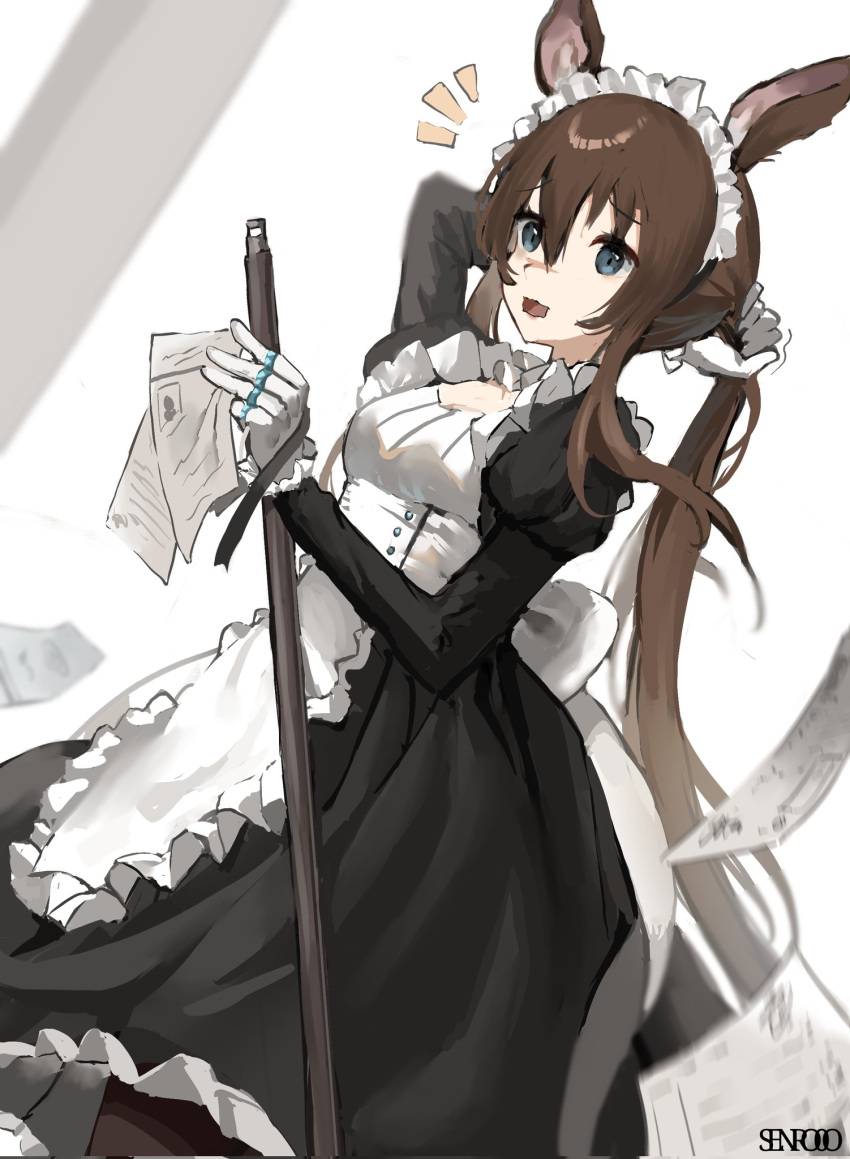 1girl alternate_costume amiya_(arknights) animal_ears apron arknights arm_behind_head artist_logo black_dress blue_eyes blush brown_hair cowboy_shot dress dutch_angle enmaided gloves hair_between_eyes hands_up highres holding holding_hair holding_paper holding_stick jewelry long_hair long_sleeves looking_at_viewer maid maid_apron maid_day maid_headdress multiple_rings notice_lines open_mouth paper ponytail rabbit_ears ring sen_(senro0o) simple_background solo stick very_long_hair white_apron white_background white_gloves white_headdress