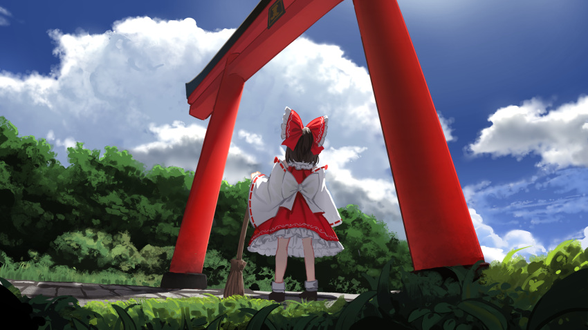1girl bow broom brown_footwear brown_hair bush clouds cloudy_sky commentary day detached_sleeves facing_away forest frilled_bow frilled_skirt frills from_behind from_below grass hair_bow hakurei_reimu highres holding holding_broom long_sleeves medium_hair nature outdoors pavement ponytail red_bow red_skirt red_vest ribbon-trimmed_sleeves ribbon_trim shoes skirt sky socks solo suna_(s73d) torii touhou tree vest waist_bow white_bow white_legwear white_sleeves wide_shot wide_sleeves